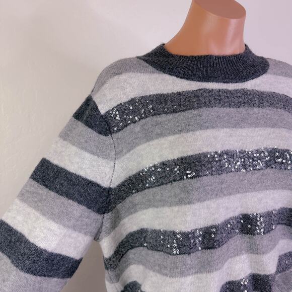 Halogen Sequin Striped Mock Neck Knit Pullover Sweater Gray White Size 2X NWT - Picture 3 of 10